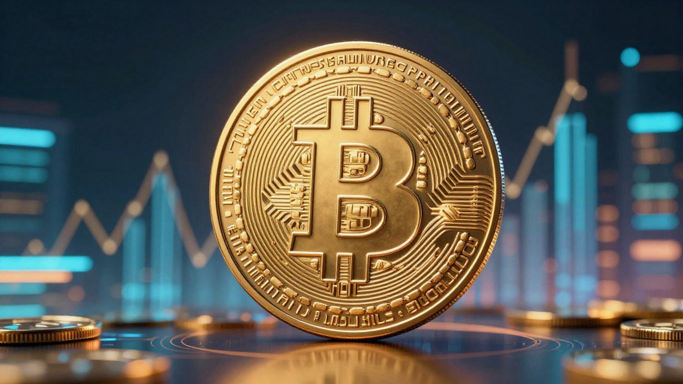 Golden Bitcoin coin with glowing digital streams and city lights.