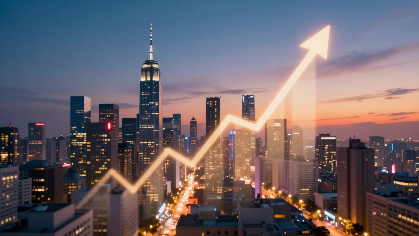 Financial markets, cityscape, upward movement, opportunity, growth.
