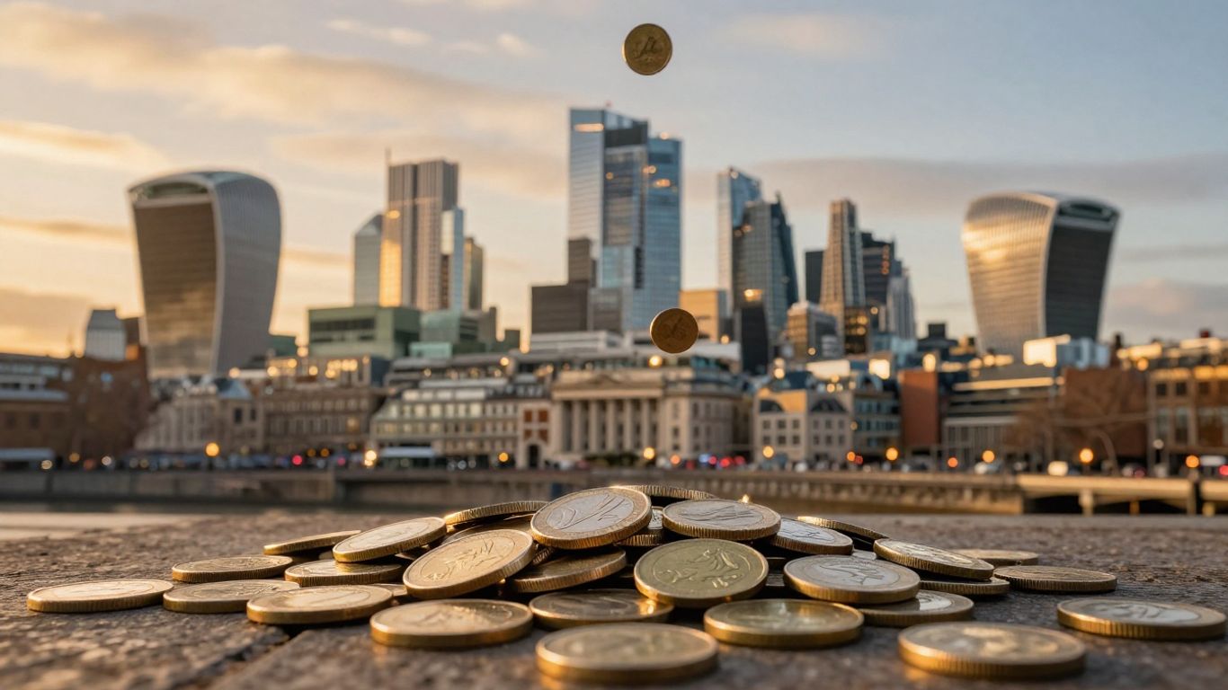 UK cityscape with cascading coins, symbolizing wealth.