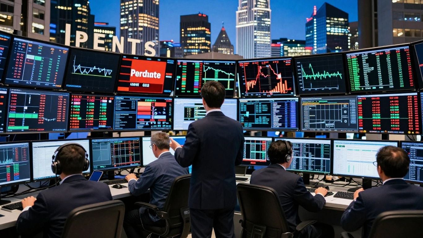 Trader in a busy financial trading environment.
