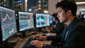 Day trader focused on market action, aiming for profit.