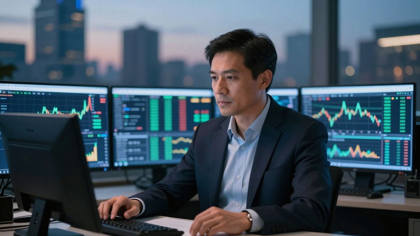 BlackBull Markets review with trader and cityscape.