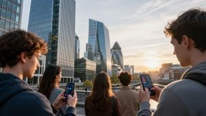 UK beginners learning stock trading with smartphones.