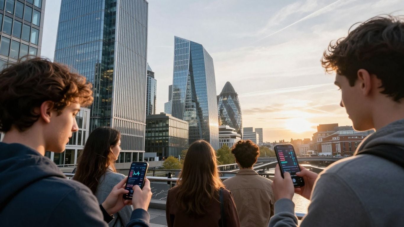 UK beginners learning stock trading with smartphones.