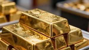 Gold bars and Forex market backdrop.
