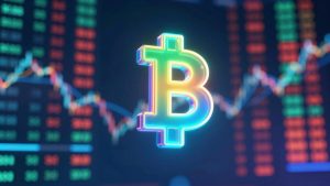 Cryptocurrency trading concept with digital currency and financial data.