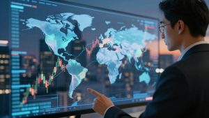 Forex trading analysis with global currency exchange visuals.