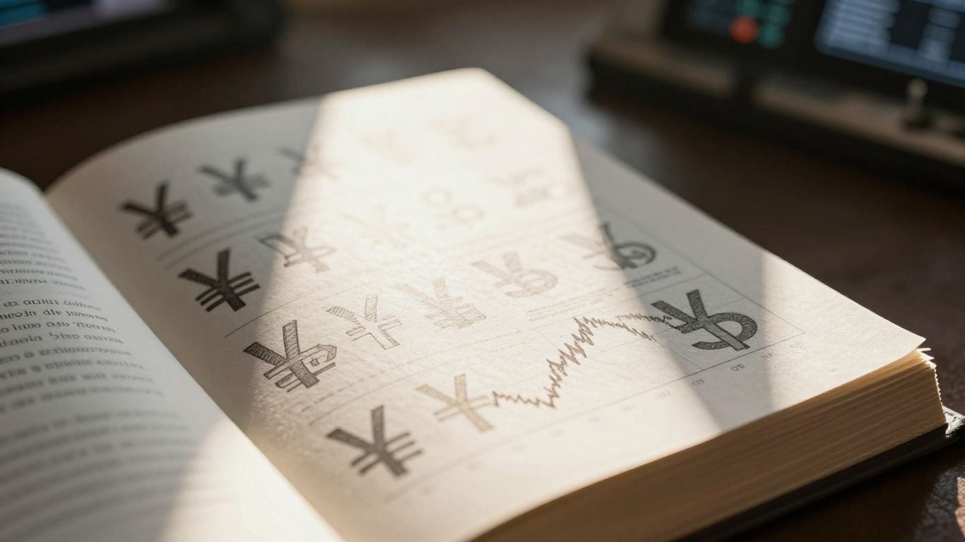 Forex trading book with currency symbols and charts.