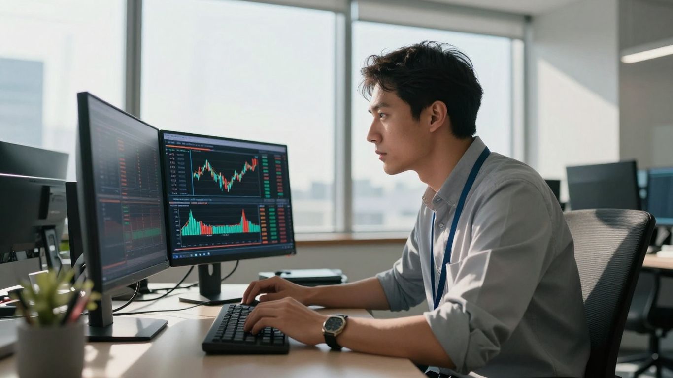 Trader focused on financial data on a computer screen.
