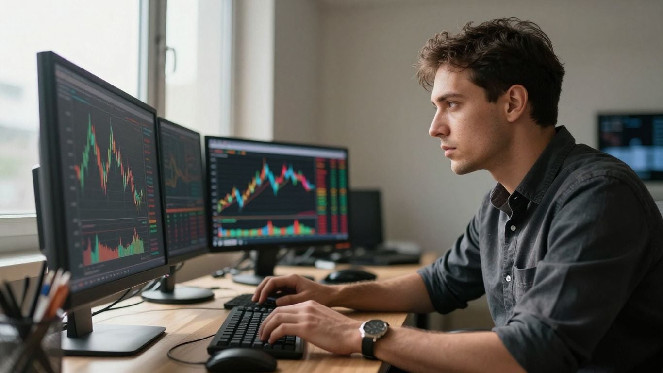 Forex trader analyzing global currency exchange markets.