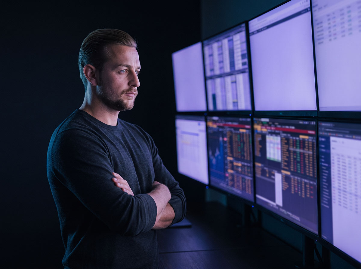 The Forex Complex team reviewing large-cap share setups across multiple screens