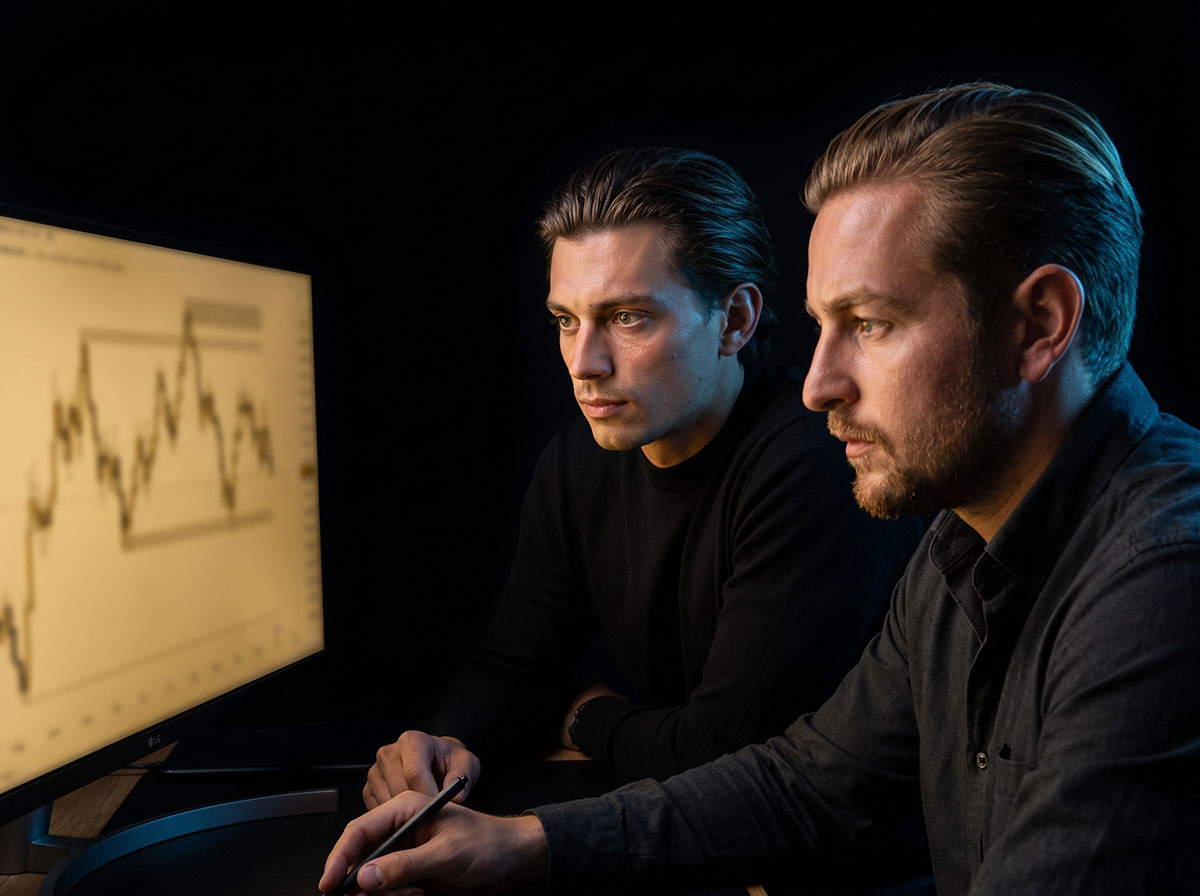 The Forex Complex analyst reviewing an XAUUSD gold chart setup on a trading desk