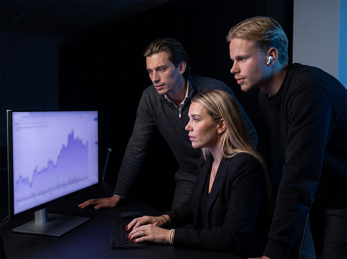 The Forex Complex analysts reviewing a stock chart setup on a dealing desk