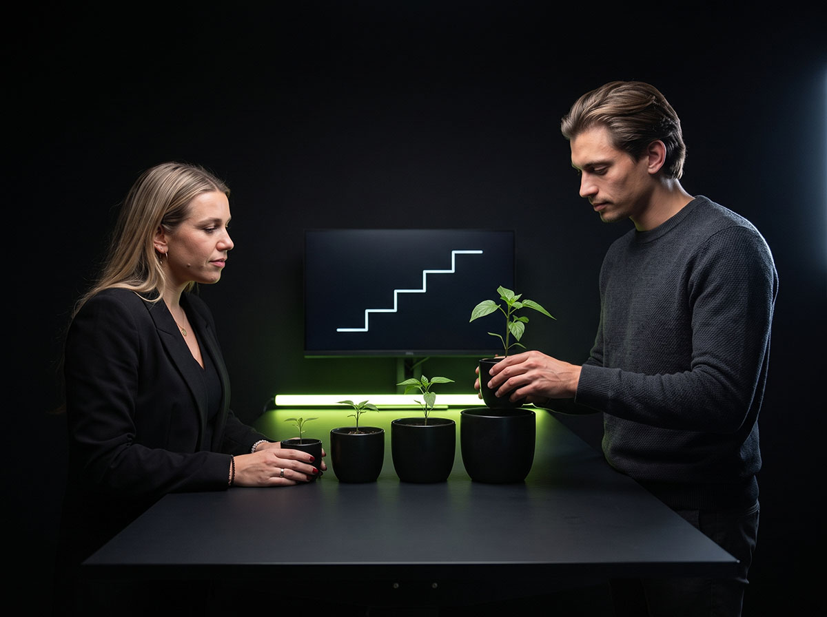 Two Forex Complex analysts moving a seedling into a larger pot, the scaling idea behind The5ers
