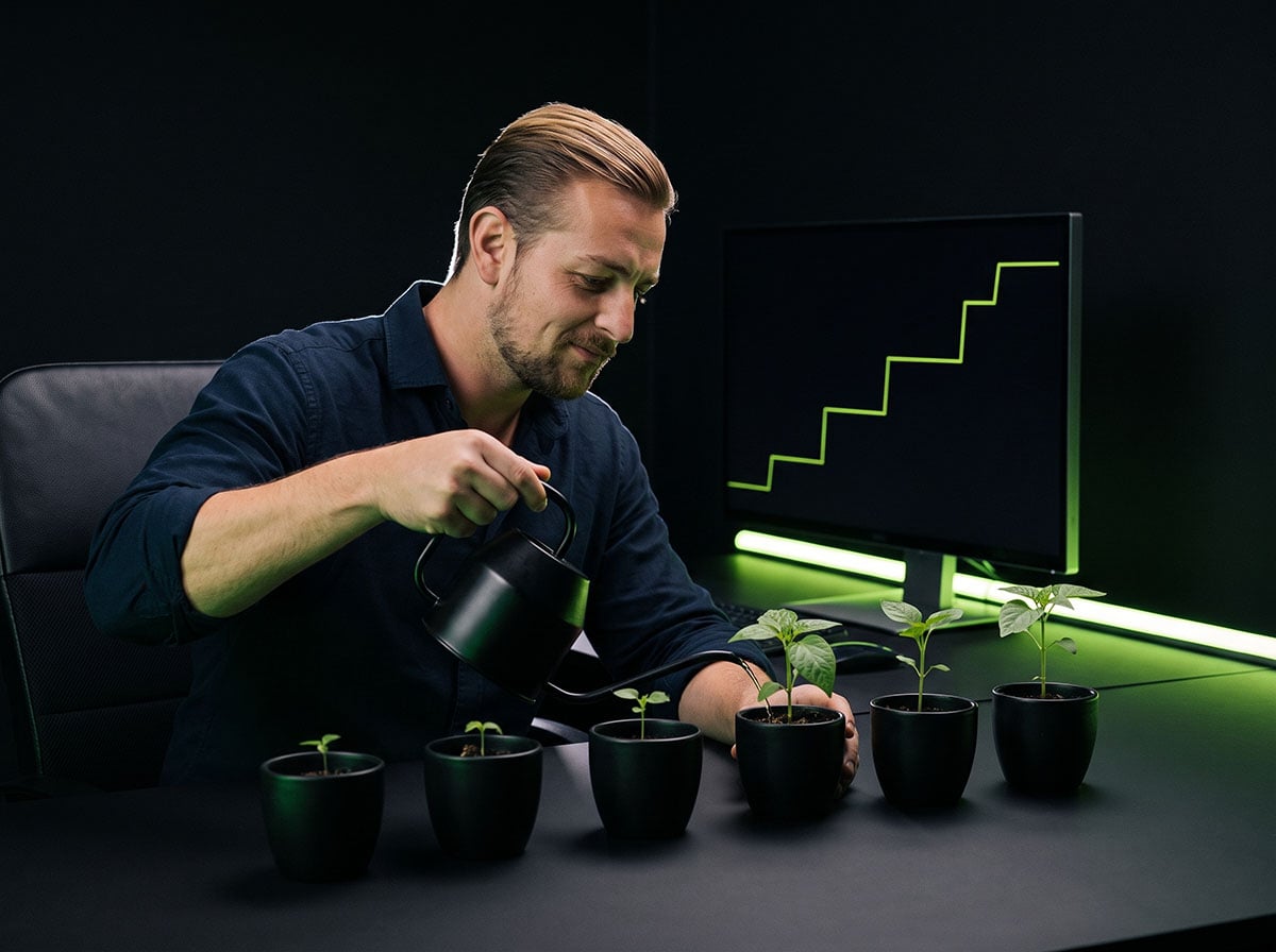 The Forex Complex founder watering a row of seedlings that grow taller from left to right