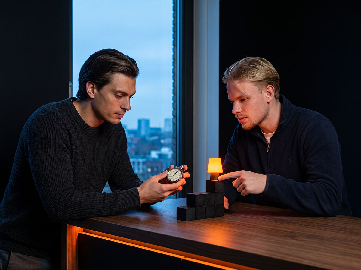 Two Forex Complex analysts timing the step up on a staircase of blocks against a city skyline