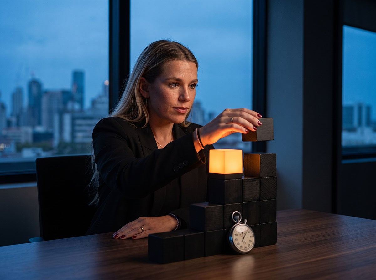 The Forex Complex analyst placing the top block on a staircase of wooden blocks