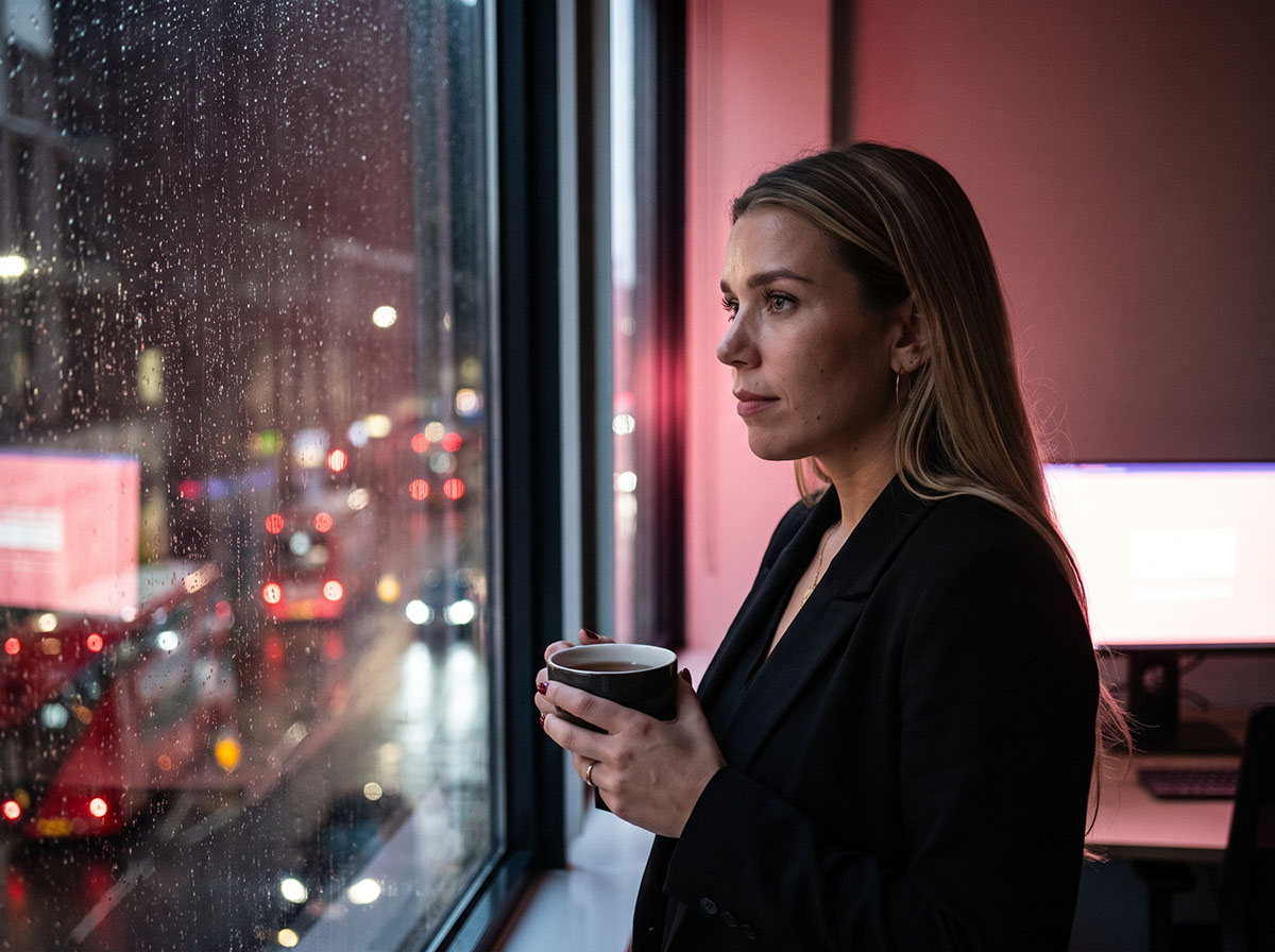 The Forex Complex analyst at a rain-streaked London office window