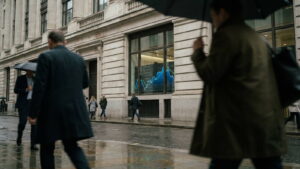 The Bank of England building in London on an overcast morning