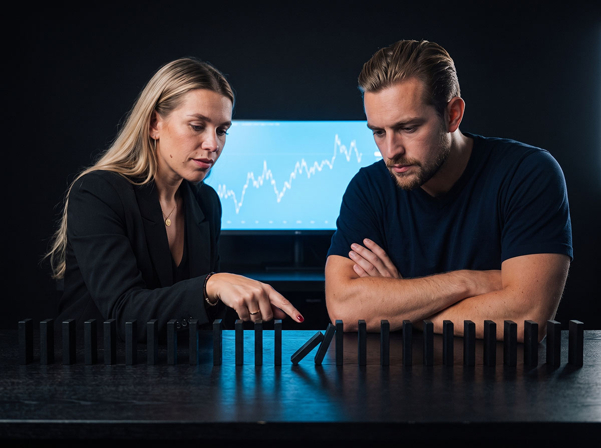 Two Forex Complex analysts deciding where a line of dominoes needs a guard