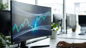 Monitor showing a price chart with Bollinger bands squeezing and widening