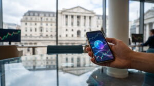 Smartphone digital wallet with a coin icon in front of a central bank building