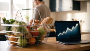 Shopping basket of groceries beside a laptop showing a rising inflation chart