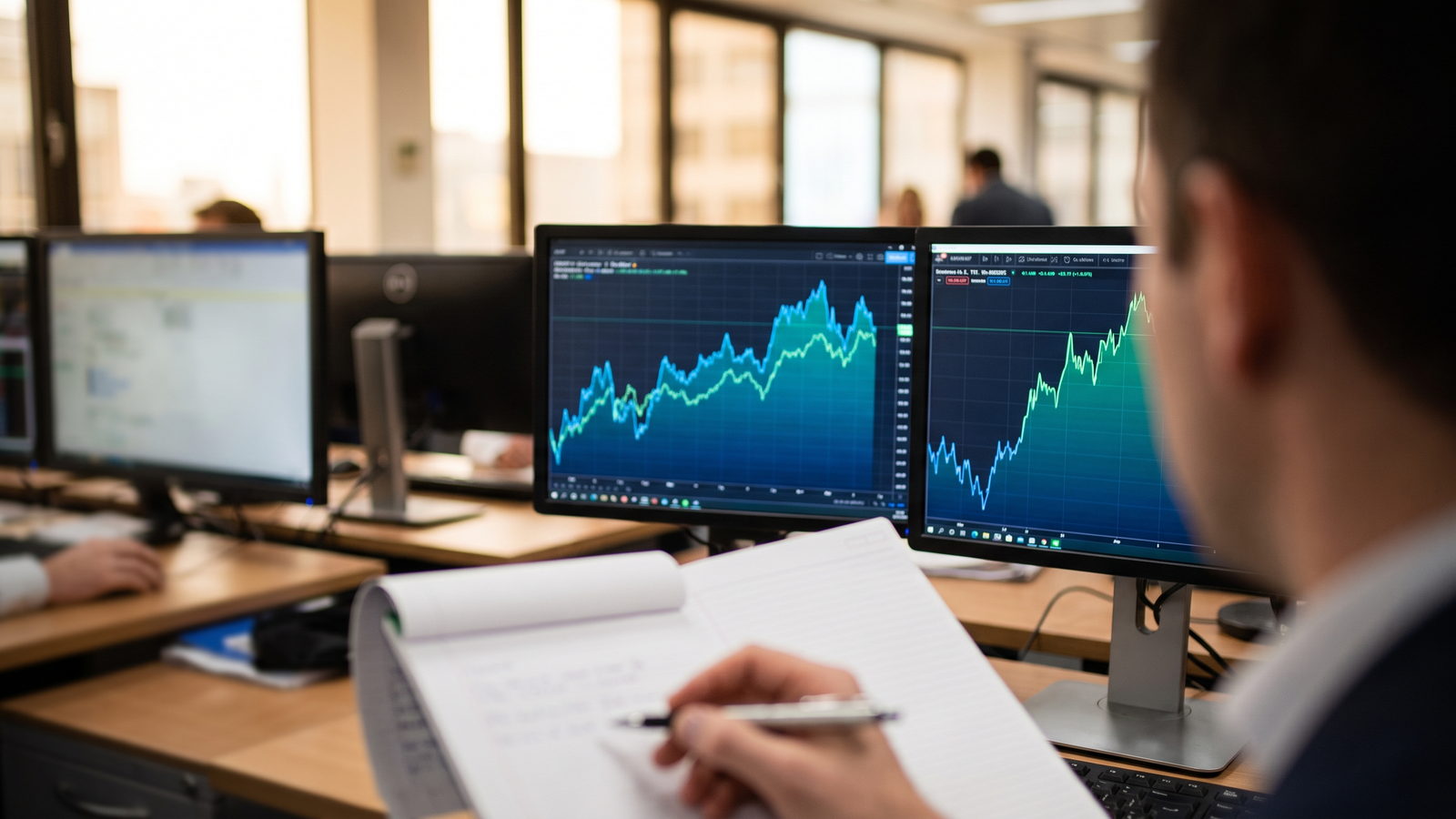 Trader comparing two correlated currency charts on two monitors