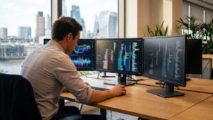 Trader comparing depth-of-market ladders on three monitors in a London office