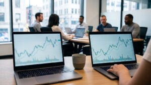 Two laptops with different trading platforms side by side on a desk