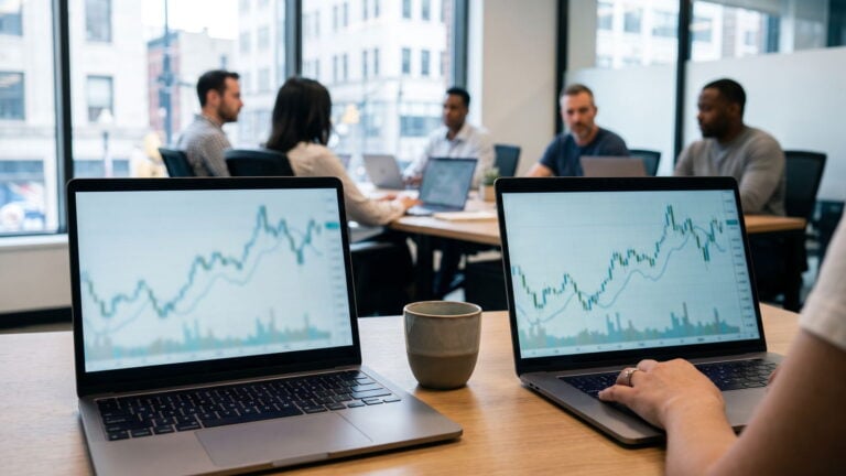 Two laptops with different trading platforms side by side on a desk