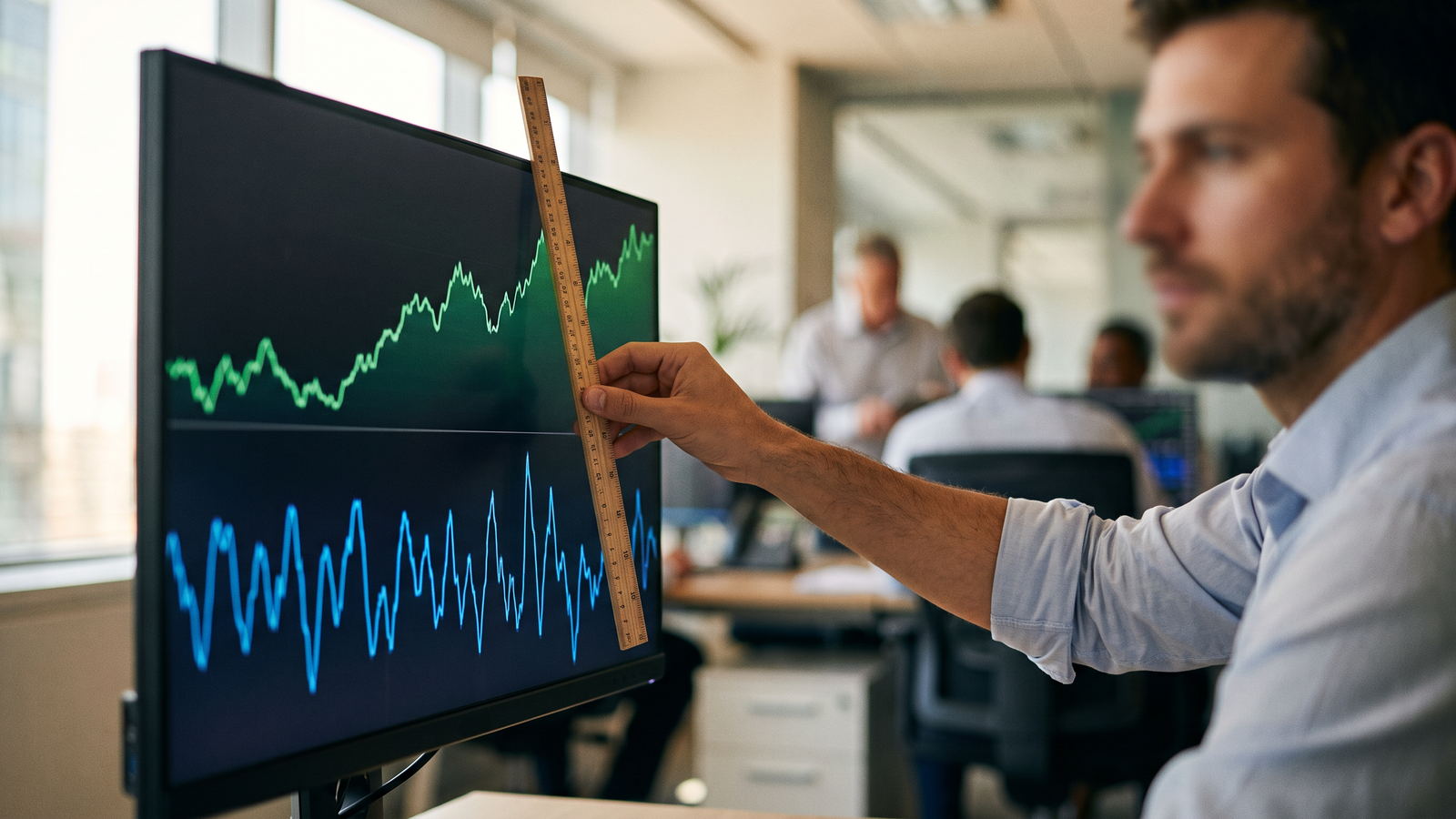 Monitor showing price and an oscillator moving in opposite directions