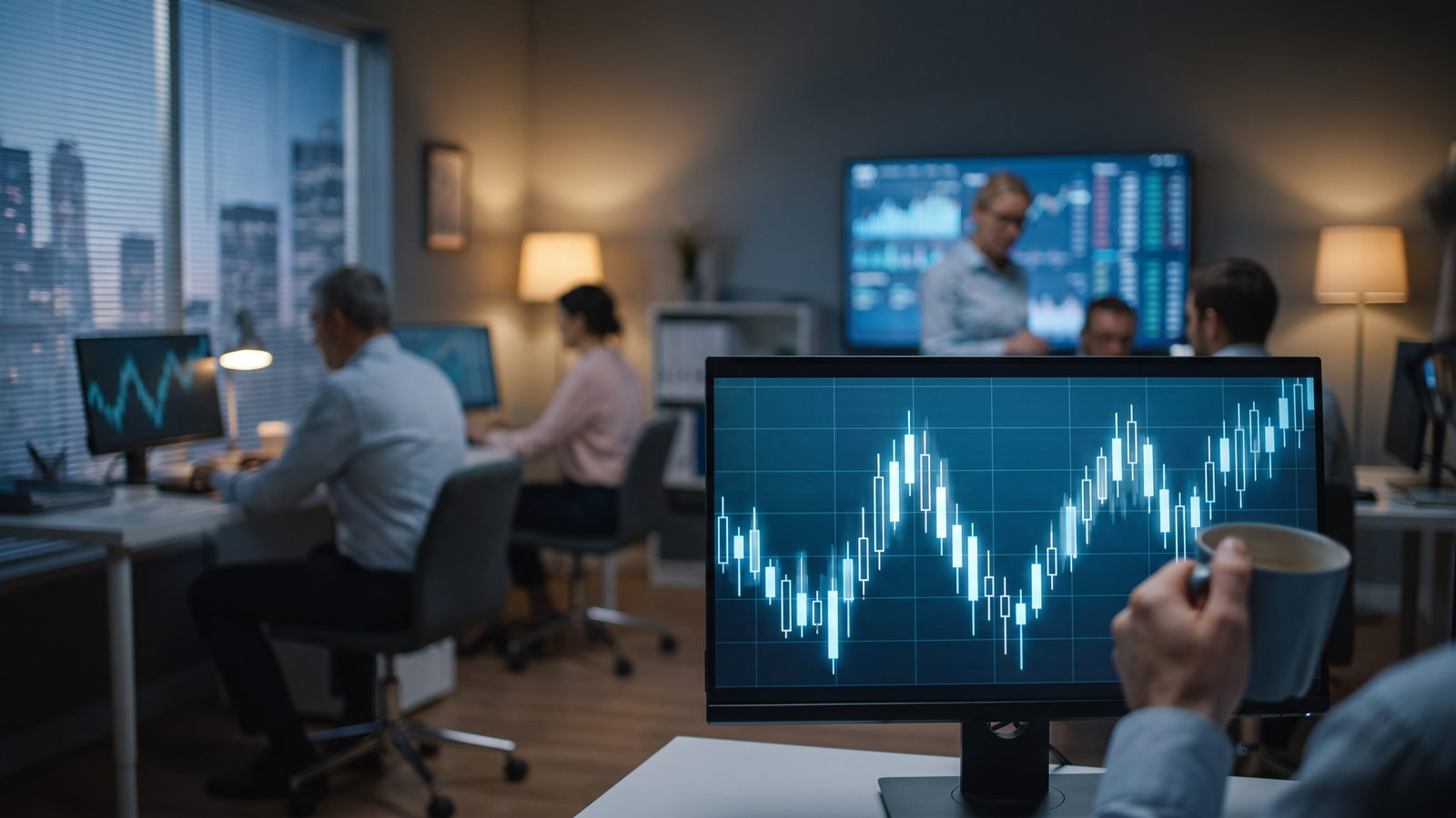 Candlestick chart forming a double top pattern on a monitor