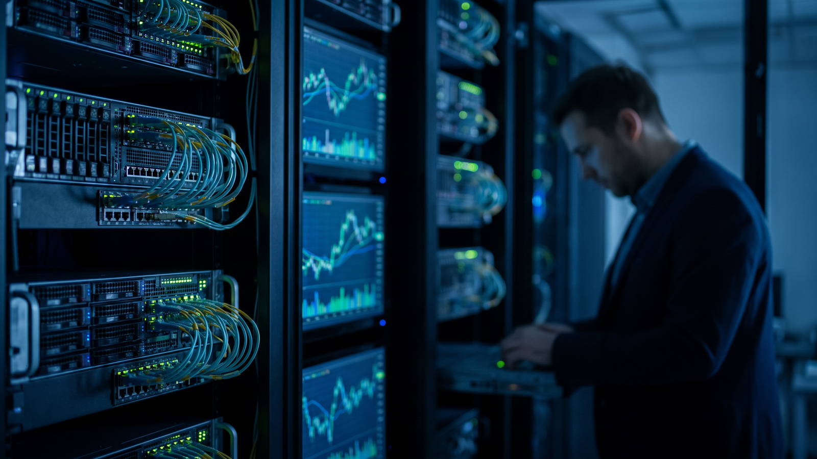 Server room with network racks and fibre-optic cables