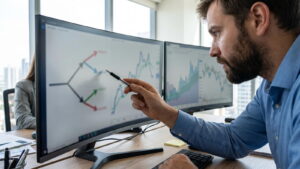Trader pointing at an order routing diagram on a monitor