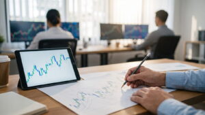 Trader sketching wave counts on a printed price chart