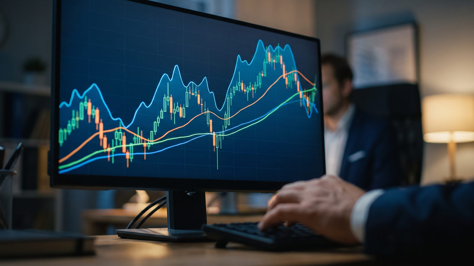 Widescreen monitor showing a price chart with three moving averages