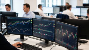 Trading floor with order books on multiple monitors