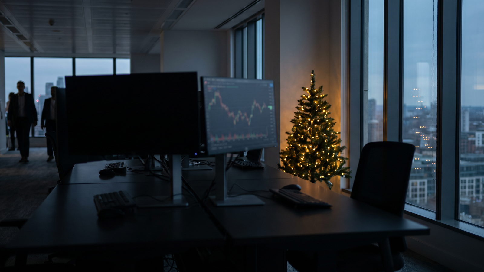 Empty trading desk with monitors off and a small Christmas tree