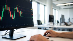 Trading platform order ticket with pending order lines on a monitor