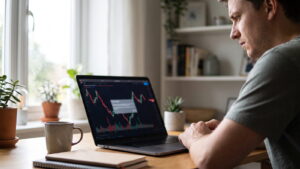 Trader looking at a pop-up dialog over a price chart on a laptop