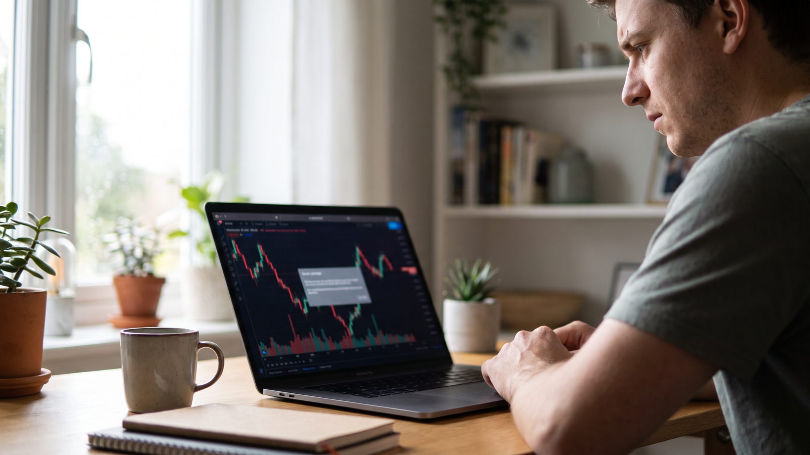 Trader looking at a pop-up dialog over a price chart on a laptop