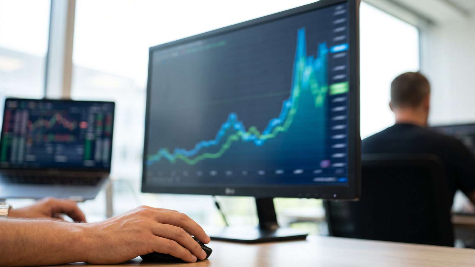 Fast-moving price chart spiking on a monitor as a trader clicks