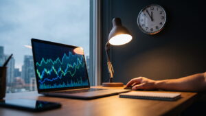 Laptop with an open trading position at a desk late at night