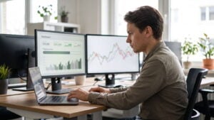 Trader checking a risk dashboard with a progress bar at a clean desk