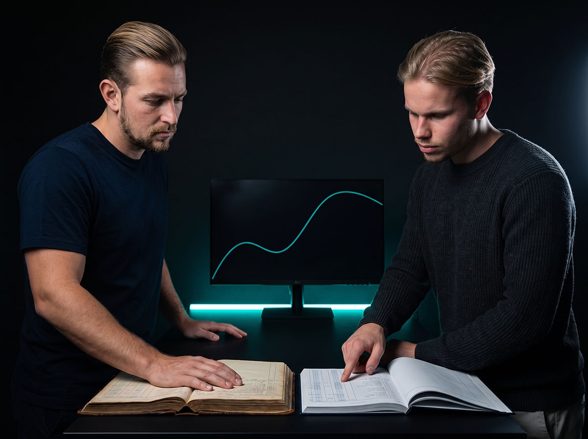 Two Forex Complex analysts checking an old rulebook against the new one