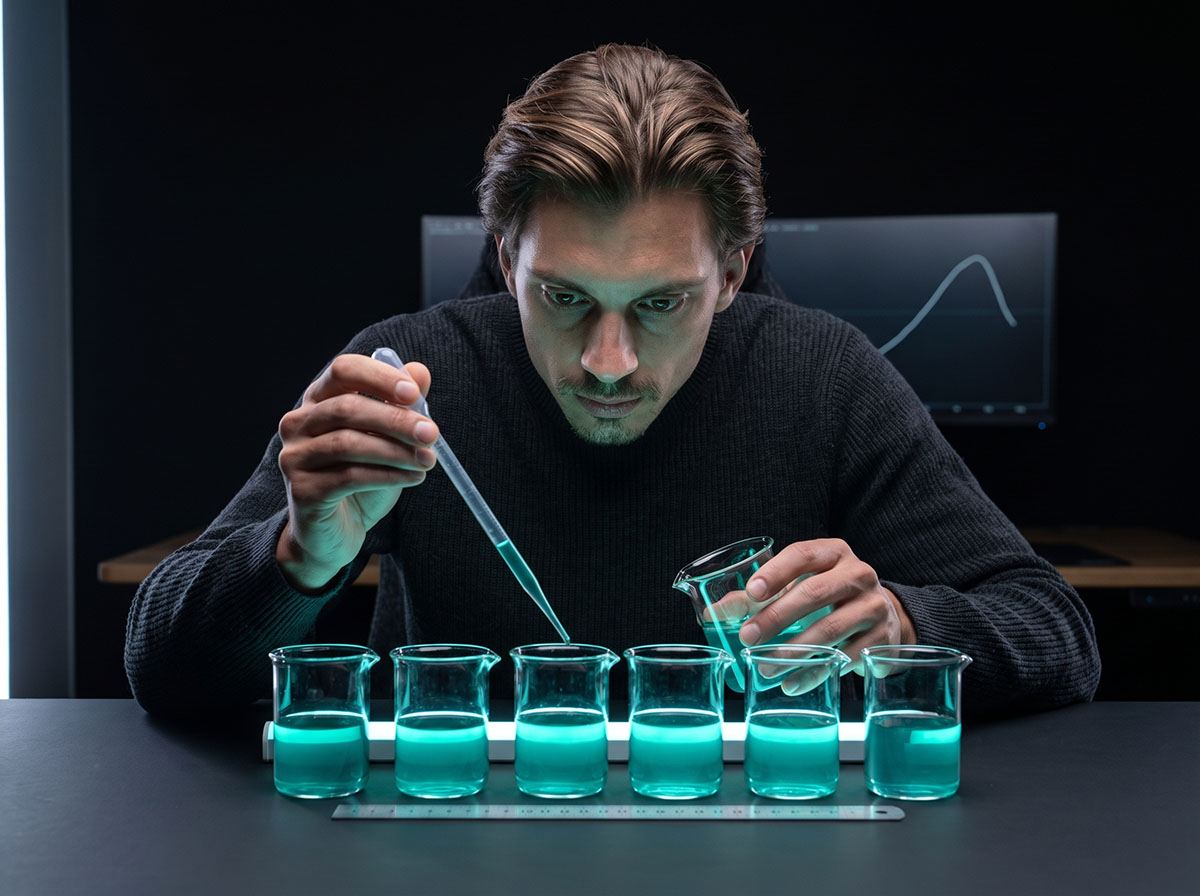 The Forex Complex analyst measuring a row of beakers to the same level