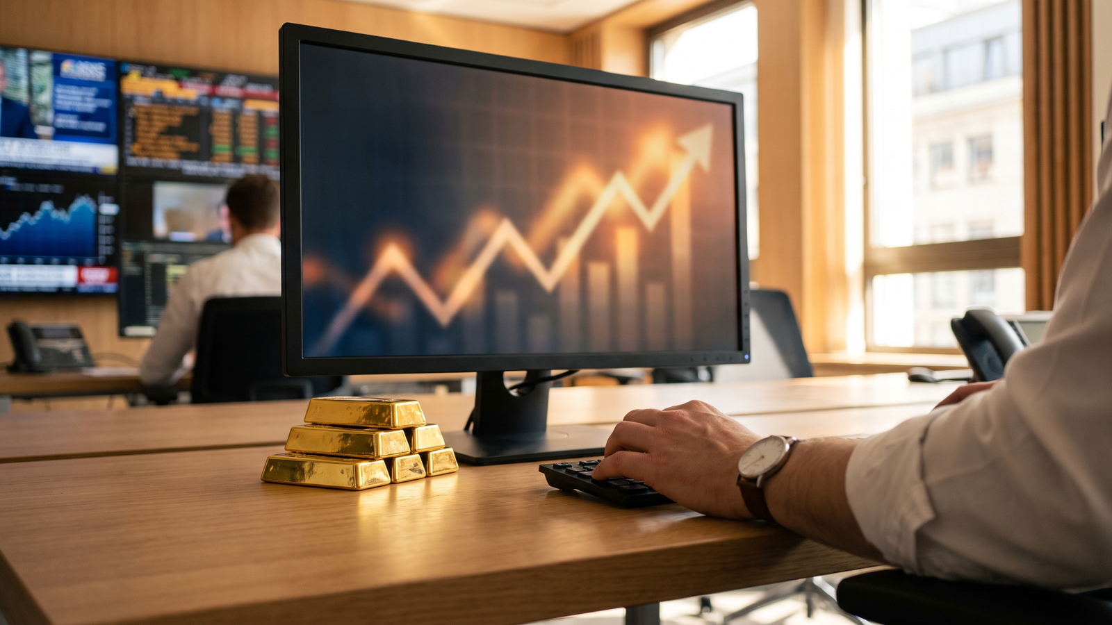 Gold bars stacked beside a monitor showing a rising rate chart