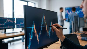 Candlestick chart forming a head and shoulders pattern on a monitor