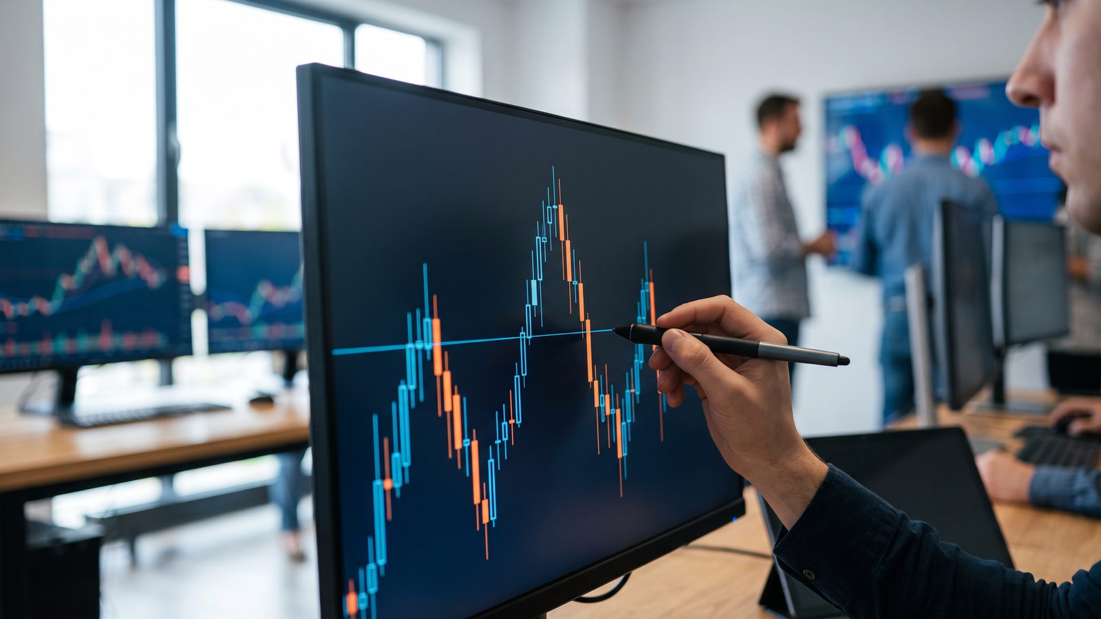 Candlestick chart forming a head and shoulders pattern on a monitor